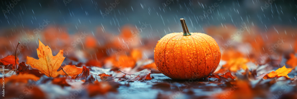 Pumpkin in the rain with autumn leaves