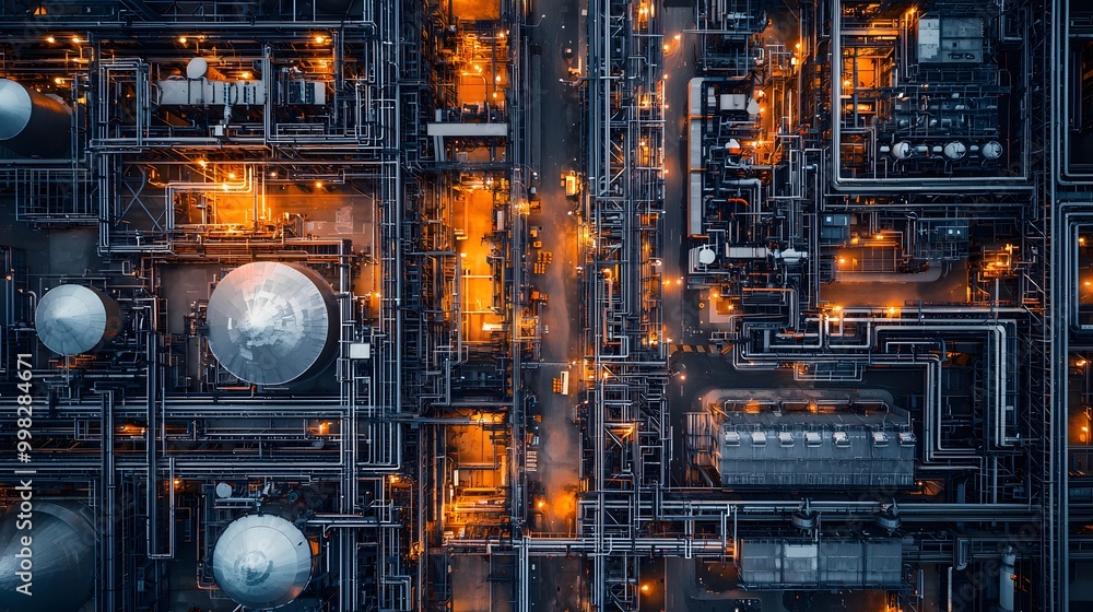 Aerial view of an industrial complex with glowing pipelines and storage tanks at night. Aerial view of an industrial complex with glowing pipelines and storage tanks at night.