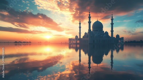 Mosque at sunset, mirrored on calm waters with a breathtaking sky, symbolizing peace and serenity.