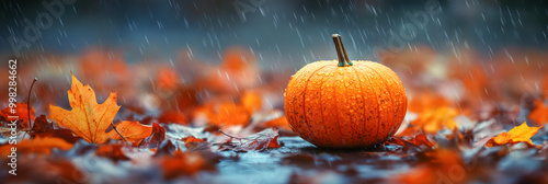 Obraz na płótnie Pumpkin in the rain with autumn leaves w salonie