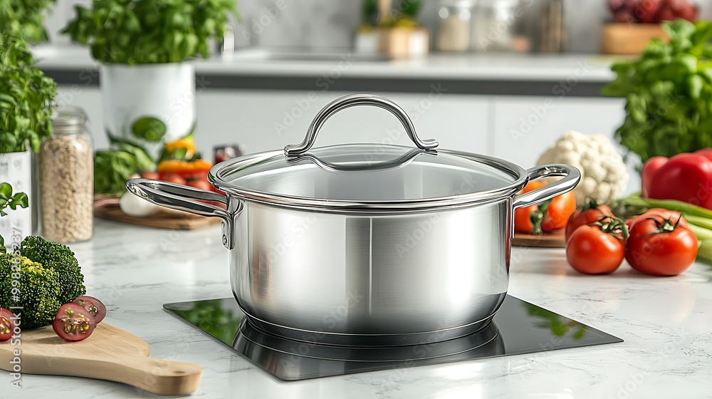Stainless steel pot on a kitchen counter surrounded by vegetables. Stainless steel pot on a kitchen counter surrounded by vegetables.