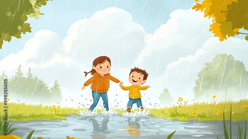 A cartoon parent and child splashing in puddles on a rainy day, with plenty of room for copy in the cloudy sky. A cartoon parent and child splashing in puddles on a rainy day, with plenty of room for copy in the cloudy sky.