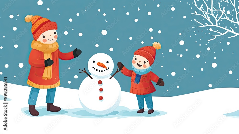 A cheerful cartoon parent and child building a snowman in the winter, with space for text in the snowy background A cheerful cartoon parent and child building a snowman in the winter, with space for text in the snowy background