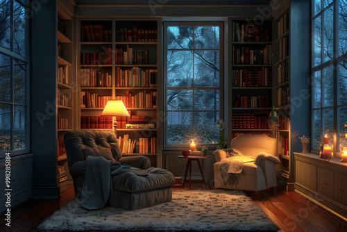 A cozy with a chair, bookshelves, and warm lighting