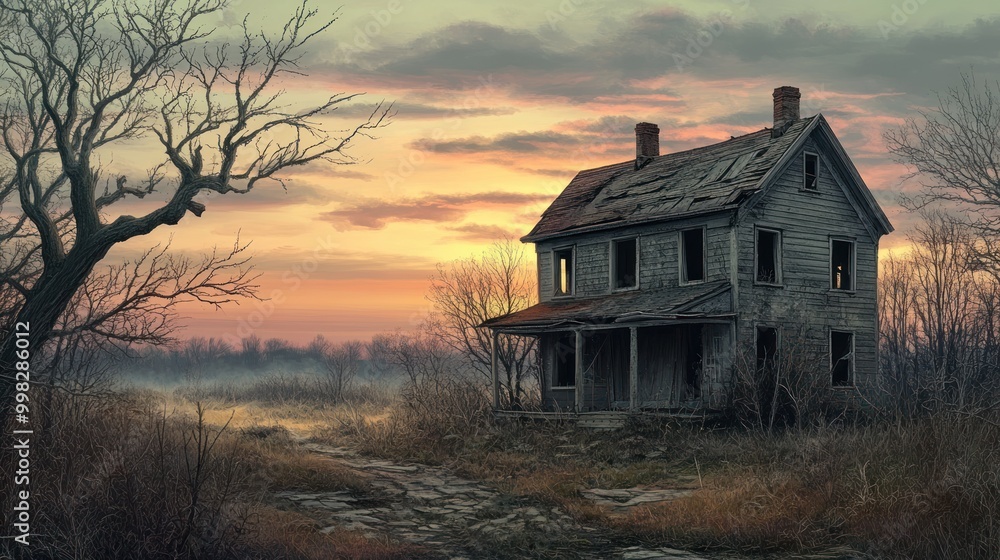 Abandoned House at Sunset with Bare Trees and Stone Path Abandoned House at Sunset with Bare Trees and Stone Path