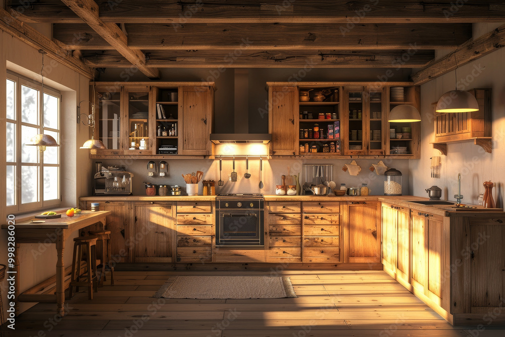 A rustic kitchen with a wooden cabinets A rustic kitchen with a wooden cabinets