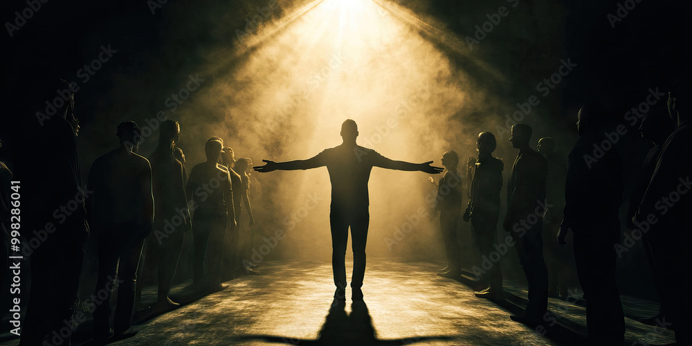 Guiding Light of Leadership: A person standing tall, arms outstretched, illuminated by a soft spotlight, with others looking towards them for guidance. Guiding Light of Leadership: A person standing tall, arms outstretched, illuminated by a soft spotlight, with others looking towards them for guidance.