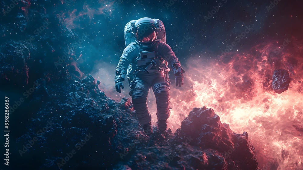 Astronaut exploring a vibrant cosmic landscape of swirling colors and fiery rocks. Astronaut exploring a vibrant cosmic landscape of swirling colors and fiery rocks.