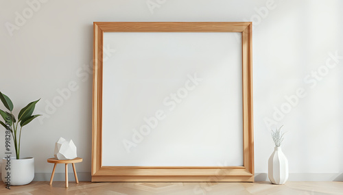 3D render of a mock-up frame with simple decor, close-up in a home interior background.