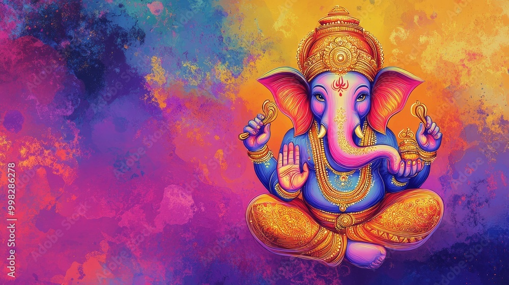 Obraz premium Abstract Lord Ganesha design with playful patterns and vibrant background, ideal for Ganesha Chaturthi cards or banners. Copy space included.