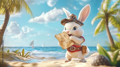 Pirate rabbit on a tropical beach, holding a treasure map, sand and palm trees surrounding the cute adventure scene.