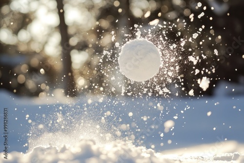 A snowball flying through the air, creating a spray of snow photo