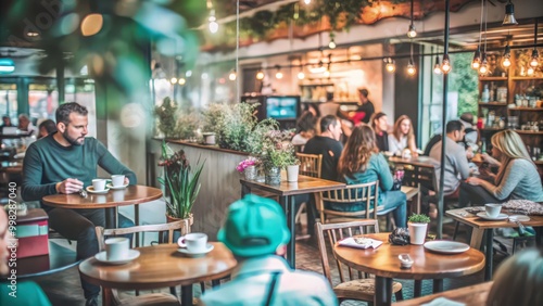 A Man Sipping Coffee at a Cafe Table with a View of Other Patrons photo