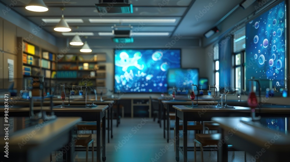 Classroom with science experiments and interactive displays. Classroom with science experiments and interactive displays.