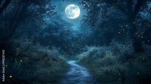 A moonlit path winds through a dense forest, illuminated by fireflies and the glow of the full moon.