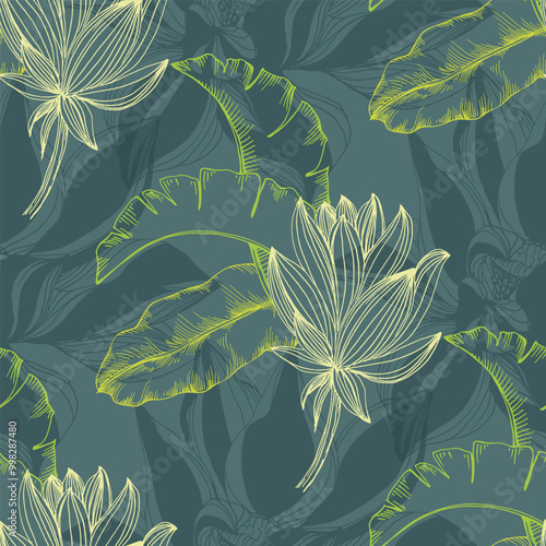 Seamless Pattern with lotus and tropical banana tree leaves. Color sketch style hand drawn background. Detailed illustration, hand drawn. Great for fabric and textile, prints, invitation, packaging