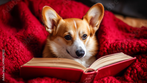 pembroke corgi dog reading a book cozy red blanket background christmas valentine's day holiday season