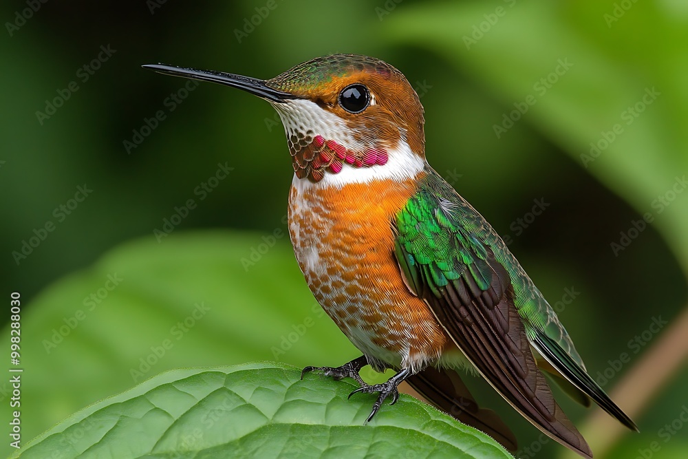 Colorful hummingbird perched on a green leaf. Colorful hummingbird perched on a green leaf.