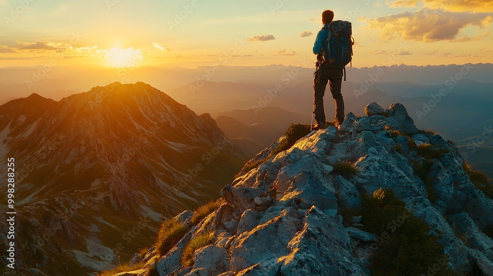 Fototapeta premium Solo male hiker admires a sunset view from a mountain summit.