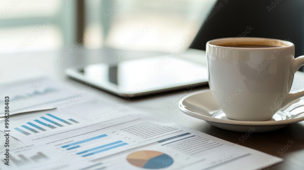 Business Reports and Tablet on Desk with Coffee Business Reports and Tablet on Desk with Coffee