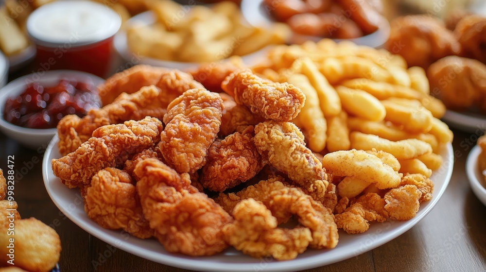 Golden fried chicken tenders on a plate. Perfect for showcasing fast food, comfort food, or a delicious meal. Golden fried chicken tenders on a plate. Perfect for showcasing fast food, comfort food, or a delicious meal.