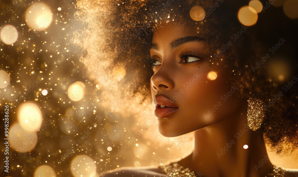 a beautiful Black woman with curly hair, wearing a gold dress, with gold glitter in the background a beautiful Black woman with curly hair, wearing a gold dress, with gold glitter in the background