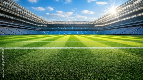 A vibrant stadium field under a bright sky.