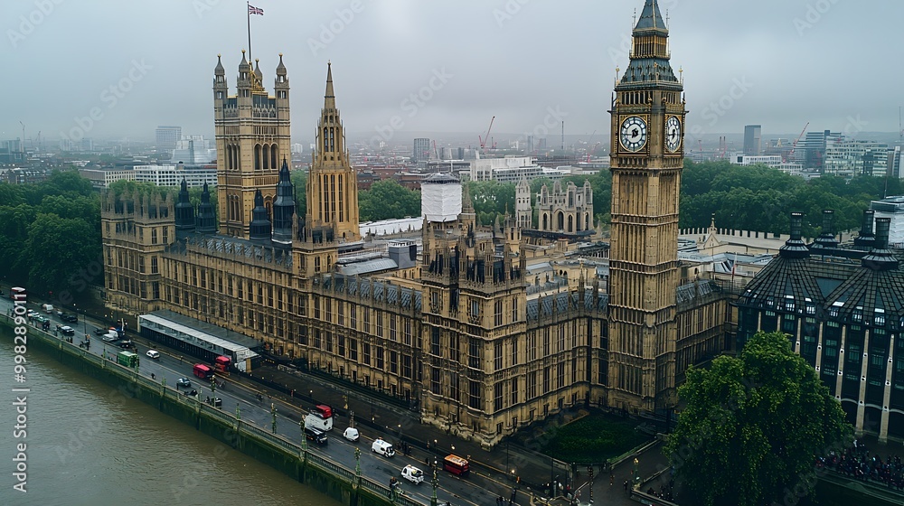 Fototapeta premium Aerial view of the iconic Big Ben and Houses of Parliament in London on a foggy day.