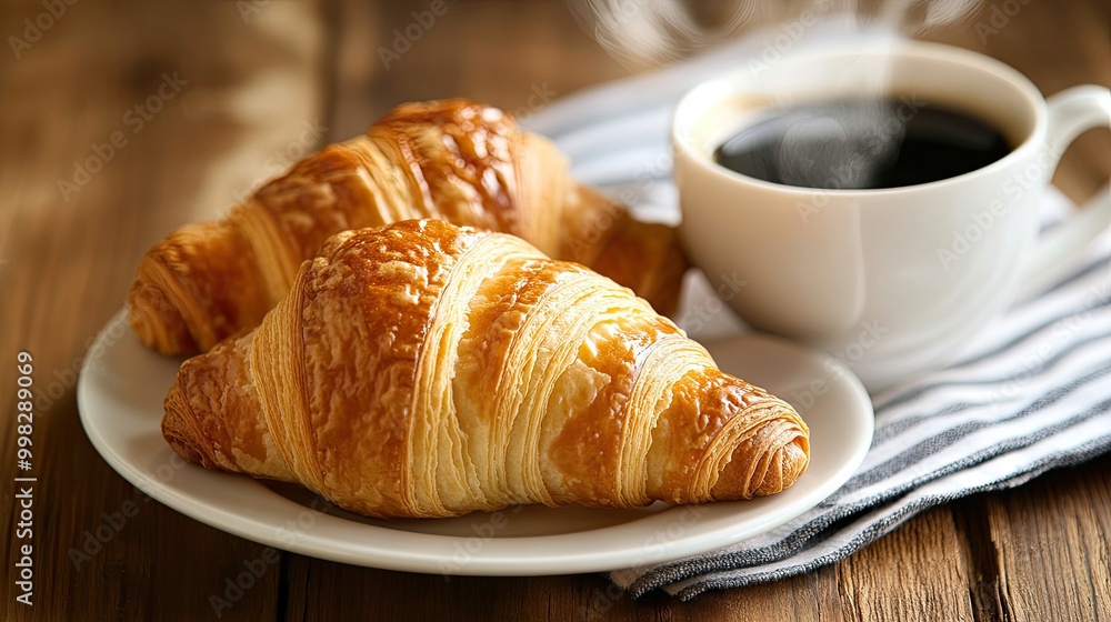 Two croissants on a white plate with coffee. Perfect for showcasing breakfast, pastries, and bakery products. Two croissants on a white plate with coffee. Perfect for showcasing breakfast, pastries, and bakery products.