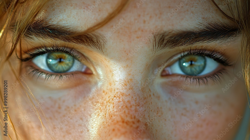 Close Up Portrait of Woman with Green Eyes and Freckles Close Up Portrait of Woman with Green Eyes and Freckles