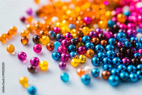 Scattering of colorful catalyst beads creating a vibrant and abstract pattern on a clean white background photo