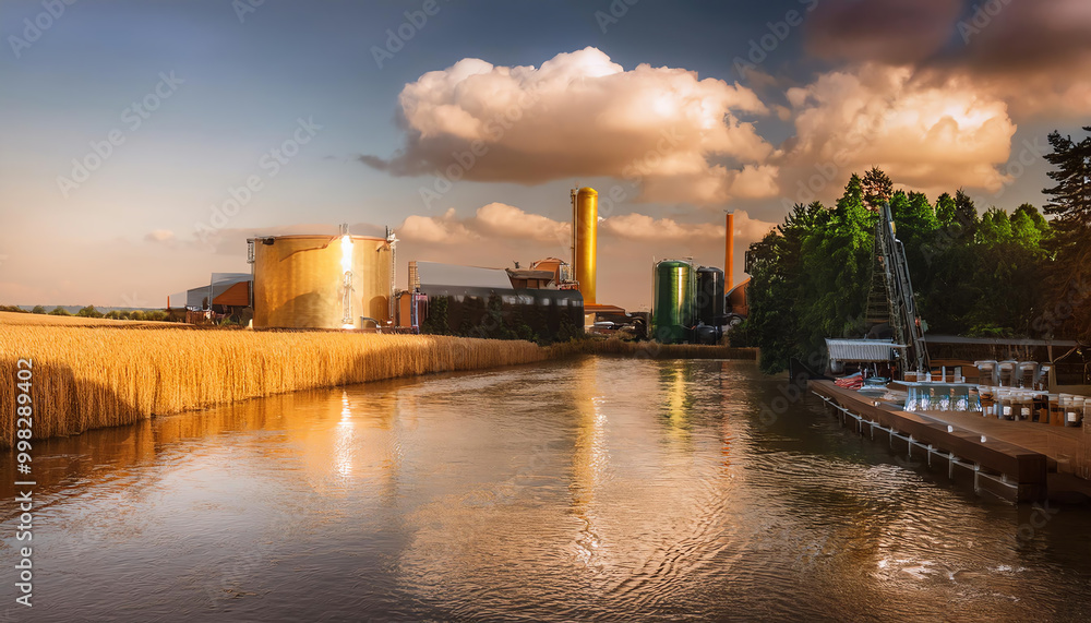 Fototapeta premium Industrial site by the river under a dramatic sky, showcasing modern structures.