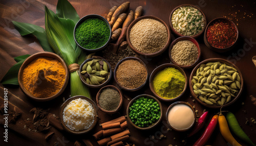 Various spices and ingredients arranged in bowls on a wooden surface.