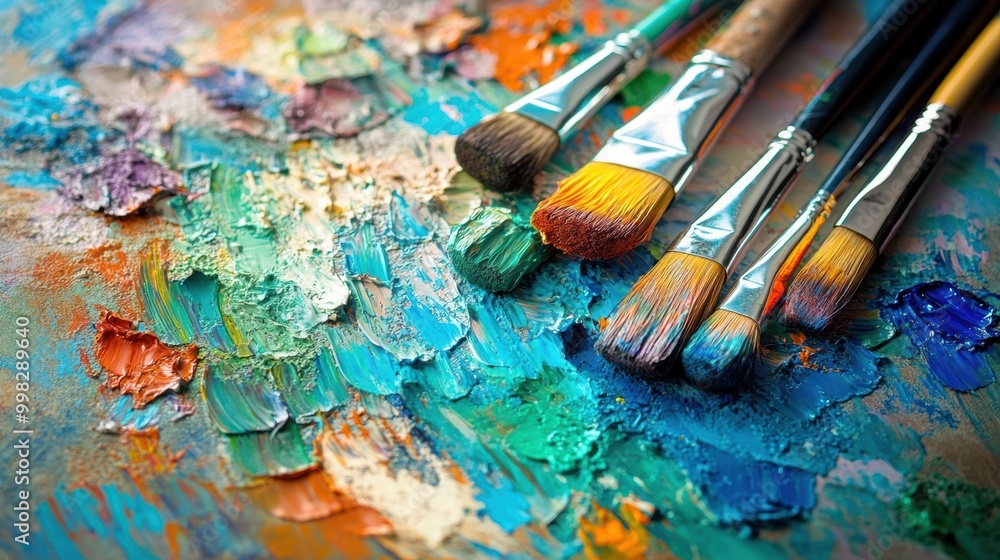 Fototapeta premium The palette features bright, lively colors with paintbrushes resting nearby, creating a lively atmosphere for artistic inspiration. Generative AI