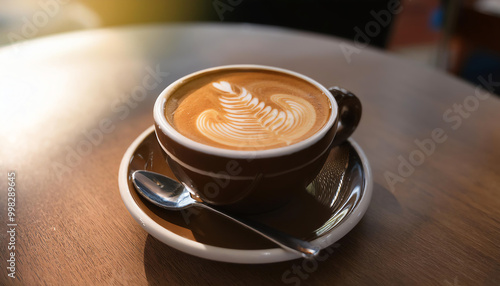 Coffee cup with latte art on wooden table, warm sunlight backdrop
