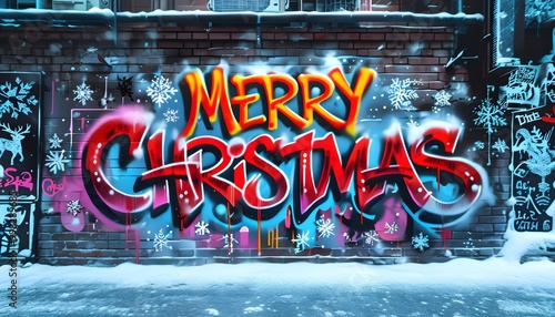 Bright Merry Christmas graffiti on urban brick wall with snow, vibrant holiday street art