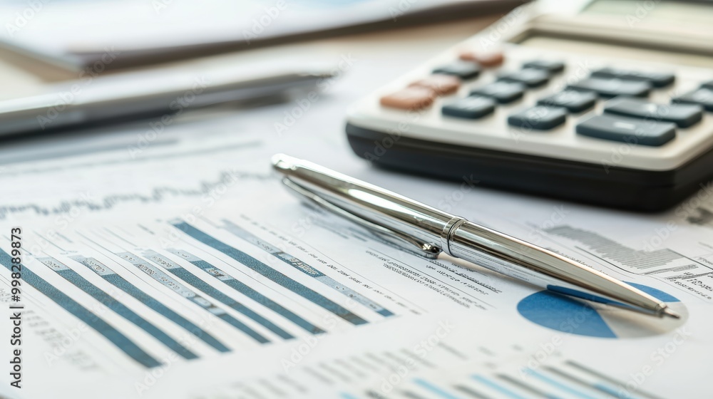 Financial Reports on a Desk with Calculator and Pen Financial Reports on a Desk with Calculator and Pen