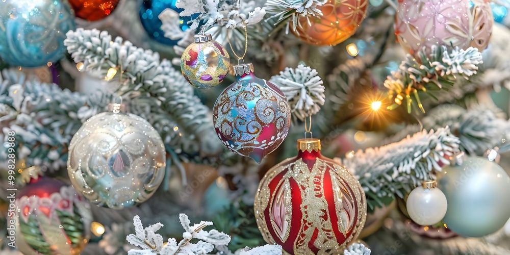 Classic Christmas New Year decorated New year tree with silver and white ornament decorations toy and ball. Classic Christmas New Year decorated New year tree with silver and white ornament decorations toy and ball.
