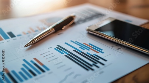 Business Documents with Graphs and Pen on Desk