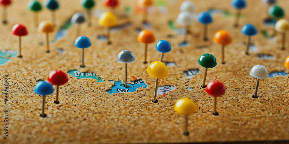 Thumb Tack Territory: A map of thumb tacks, marking important points and notes on a corkboard, telling the tale of ongoing projects. Thumb Tack Territory: A map of thumb tacks, marking important points and notes on a corkboard, telling the tale of ongoing projects.