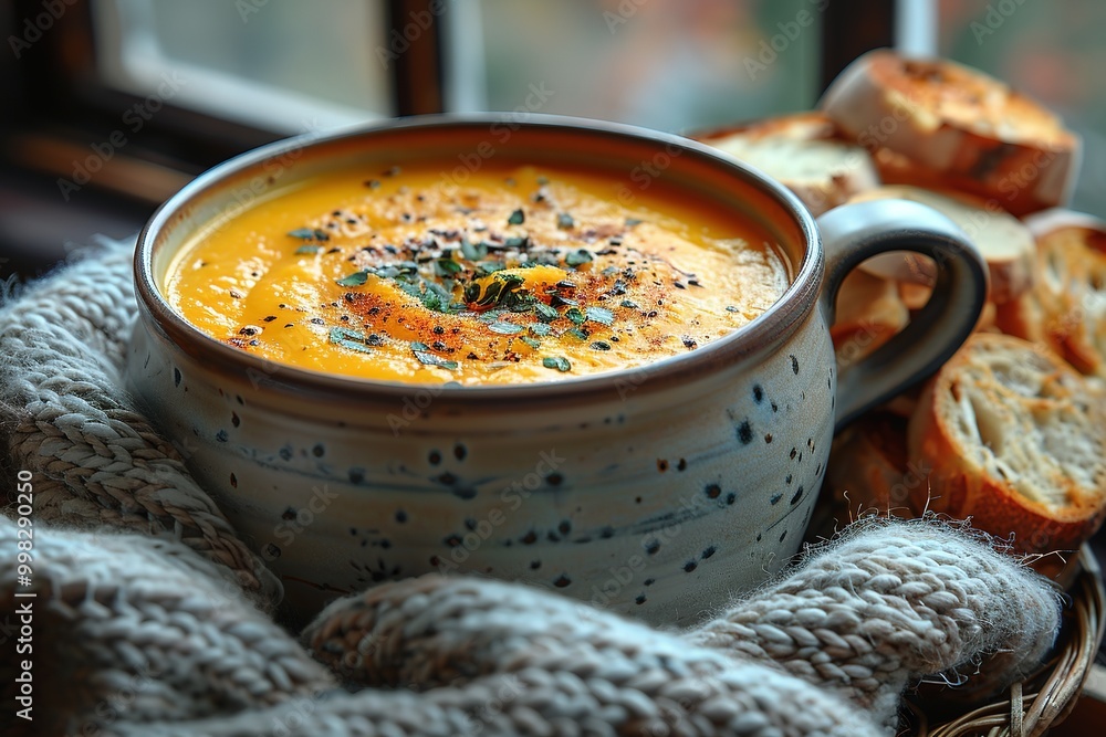 A bowl of soup with bread on the side A bowl of soup with bread on the side