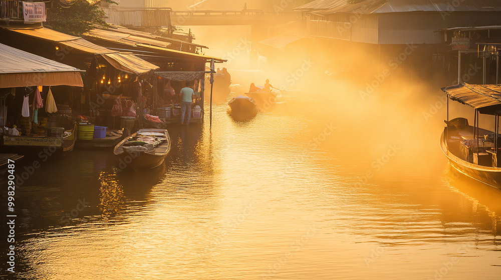 Golden Sunset Over Floating Market: Tranquil Asian Waterway Scene Golden Sunset Over Floating Market: Tranquil Asian Waterway Scene