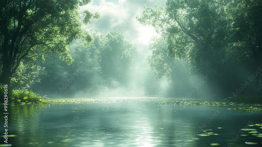 Misty River in a Lush Forest - Tranquil Nature Photography Misty River in a Lush Forest - Tranquil Nature Photography