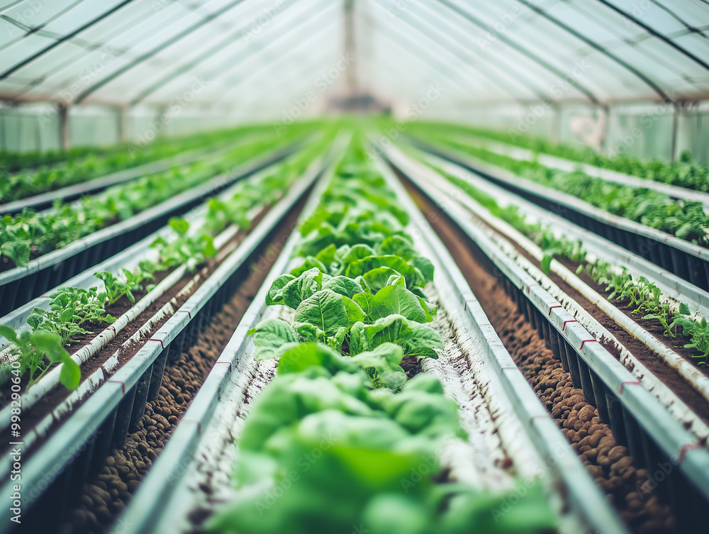 Sustainable Hydroponic Farming: Rows of Lush Green Lettuce in Modern Greenhouse Sustainable Hydroponic Farming: Rows of Lush Green Lettuce in Modern Greenhouse