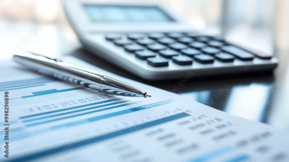 Close Up of Financial Reports with Silver Pen and Calculator Close Up of Financial Reports with Silver Pen and Calculator