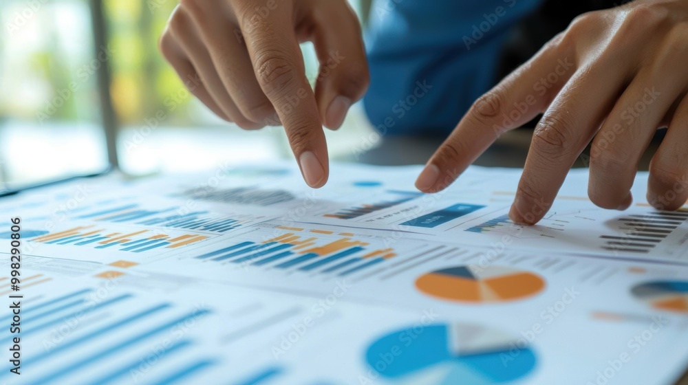 Hands Pointing at Business Data on a Table Hands Pointing at Business Data on a Table