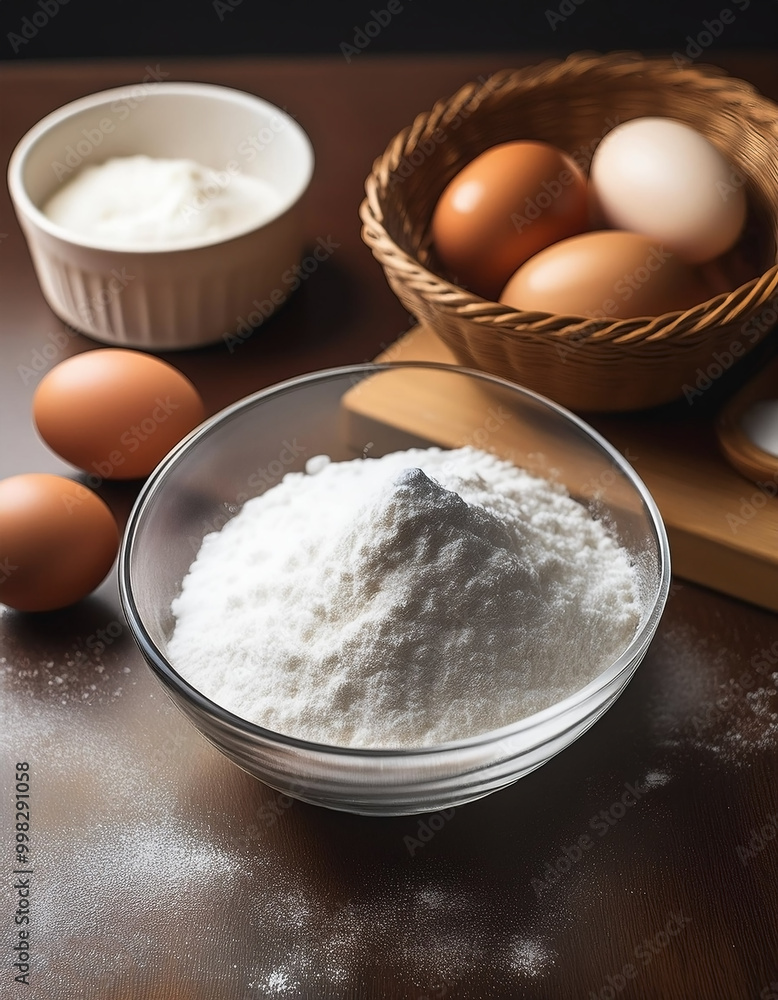 Cake Ingredients. Flour, sugar and eggs on the kitchen table Cake Ingredients. Flour, sugar and eggs on the kitchen table