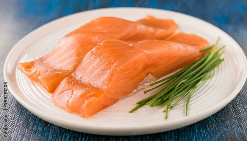 Smoked salmon on a white plate with chives. Smoked salmon on a white plate with chives.
