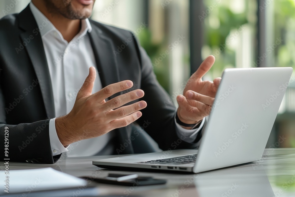 A man in a suit gestures while discussing over a laptop in a professional setting. A man in a suit gestures while discussing over a laptop in a professional setting.