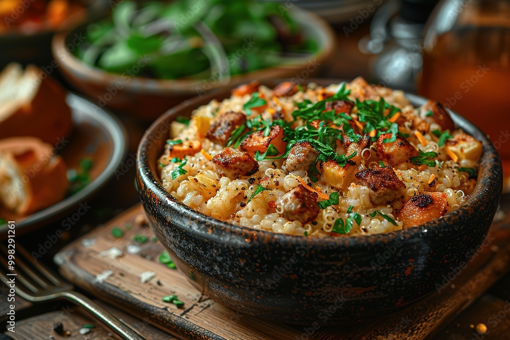 A bowl of food with meat and vegetables in it sits on a wooden table A bowl of food with meat and vegetables in it sits on a wooden table